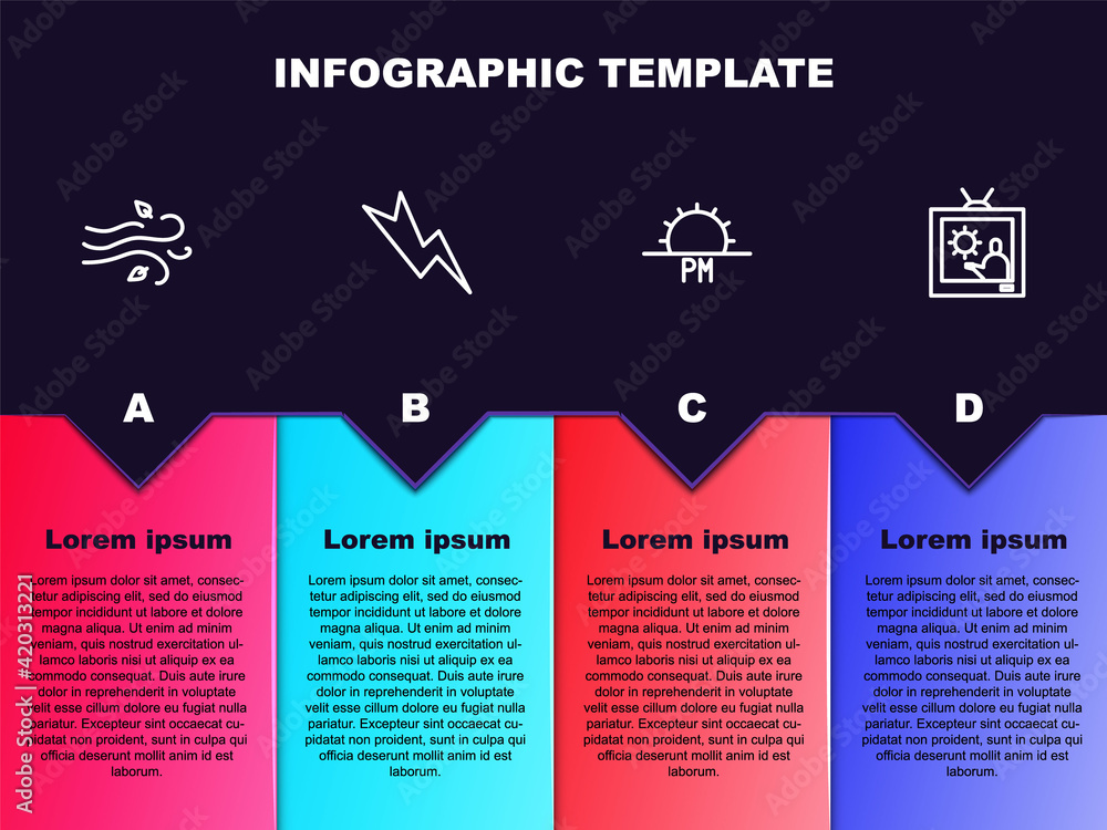 Set line Wind, Lightning bolt, Sunset and Weather forecast. Business infographic template. Vector Set line Wind, Lightning bolt, Sunset and Weather forecast. Business infographic template. Vector