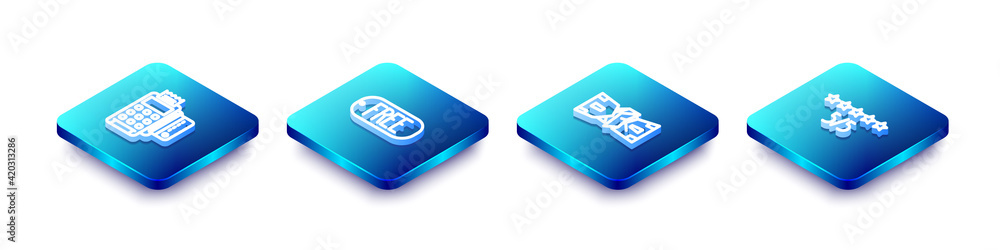 Set Isometric line POS terminal with credit card, Price tag text Free, Crumpled paper money cash and Consumer or customer product rating icon. Vector Set Isometric line POS terminal with credit card, Price tag text Free, Crumpled paper money cash and Consumer or customer product rating icon. Vector