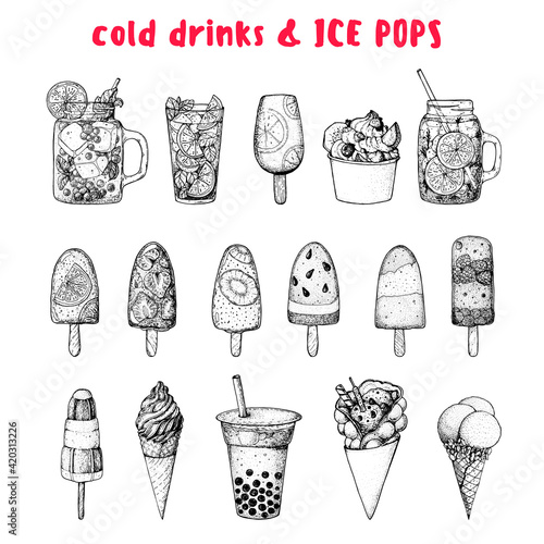 Popsicle ice cream, hand drawn vector illustration. Ice tea and ice cream. Summer food and drink. Sketch illustration for menu design. Ice pops collection
