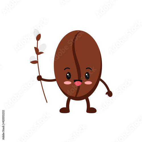 Easter cute coffee bean with willow icon isolated on white baclground. Roasted coffee grains easter character with pussy-willow branch. Flat cartoon vector drink seed clip art illustration.
