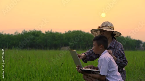 Mother and son looking rice field and checking data in laptop on sunset background