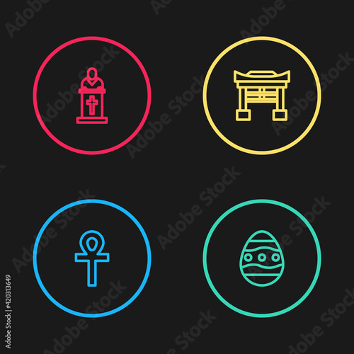 Set line Cross ankh, Easter egg, Japan Gate and Church pastor preaching icon. Vector