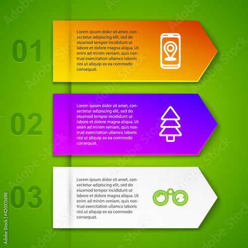 Set line City map navigation, Tree, Binoculars and First aid kit. Business infographic template. Vector