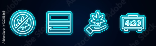 Set line Stop marijuana or cannabis leaf, Rolling paper, Marijuana and Digital alarm clock. Glowing neon icon. Vector