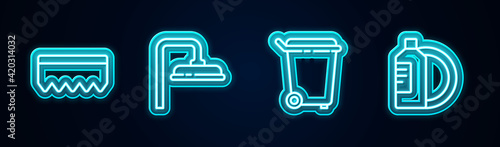 Set line Sponge with bubbles, Shower head, Trash can and Dishwashing liquid bottle and plate. Glowing neon icon. Vector