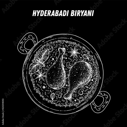 Hyderabadi Biryani sketch, Indian food. Hand drawn vector illustration. Sketch style. Top view. Vintage vector illustration.