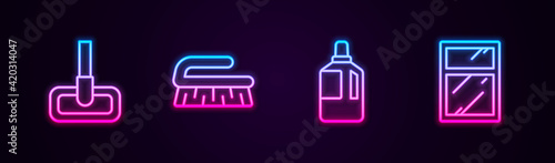 Set line Mop, Brush for cleaning, Fabric softener and Cleaning service windows. Glowing neon icon. Vector