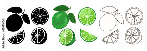 Three sets of limes - 1st black silhouette, 2nd color in cartoon style and 3rd in outline style. One lime on a twig with two leaves, half and two wedges, isolated on a white background.