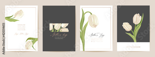 Mother day holiday card. Spring floral vector illustration. Greeting realistic tulip flowers template