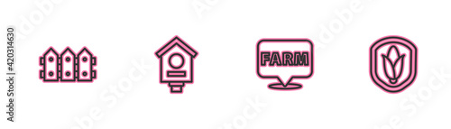 Set line Garden fence wooden, Location farm, Bird house and Shield corn icon. Vector