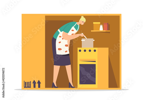 Isolation or Introversion Concept. Female Character Cooking Meal inside of Cramped Room. Housewife Woman on Tiny Kitchen