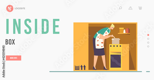 Isolation or Introversion Landing Page Template. Female Character Cooking inside of Box or Cramped Room, Covid Lockdown