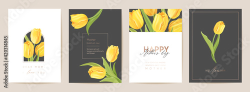 Happy Mother day floral postcard. Spring bouquet vector illustration. Greeting realistic tulip flowers template