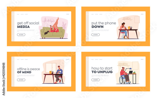 People at Home with Phones Landing Page Template Set. Couple Having Breakfast with Smartphones in Hands