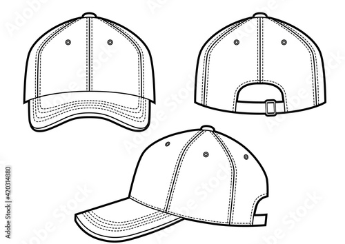 Baseball cap vector illustration on white, front, back, side views