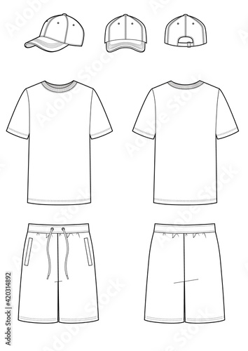 Blank templates of t-shirt, baseball cap and shorts. Sports uniform. Vector illustration on white background