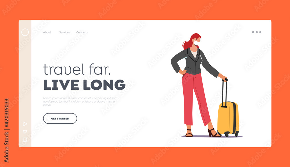 Trip, Travel Landing Page Template. Female Tourist Character in Mask with Luggage Wait Boarding on Airplane in Airport