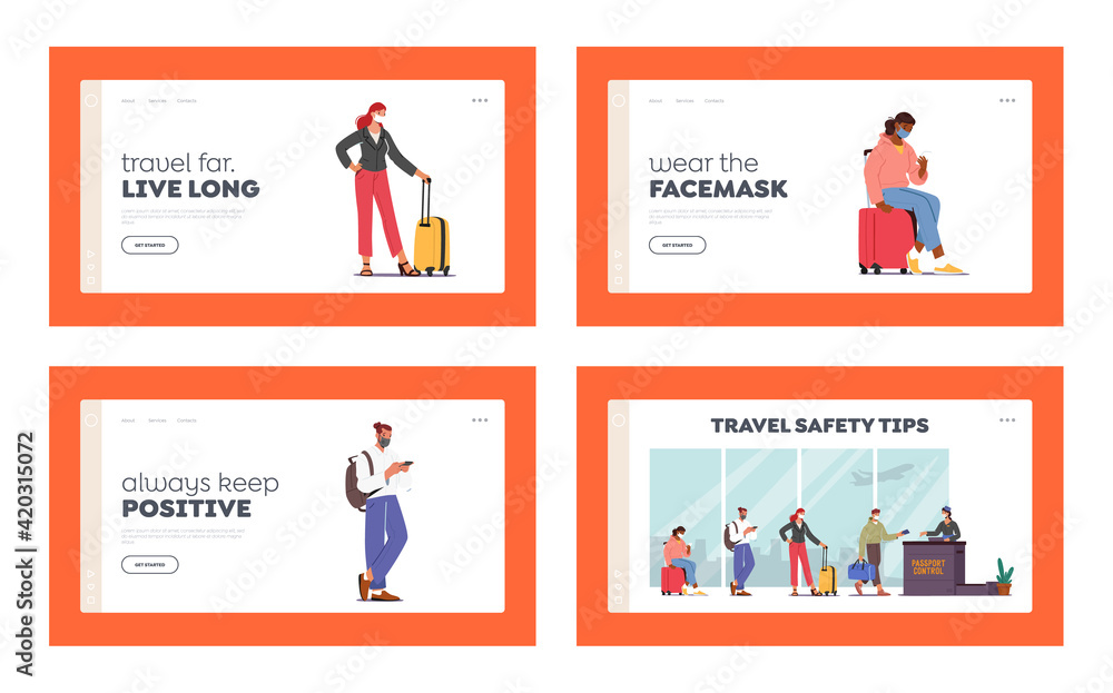 Airport Passport Control. Landing Page Template Set. Passengers Characters in Masks Stand in Queue Prepare for Flight