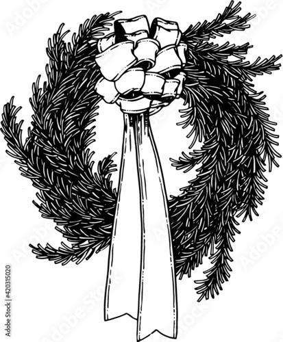 Wieniec bożonarodzeniowy w wektorach, rysunek czarno-biały