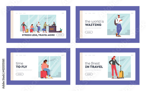 Boarding, Air Flight Landing Page Template Set. Passengers Characters with Luggage Stand in Queue Prepare for Flight