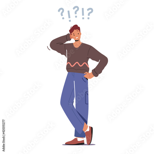 Young Man Scratching Occiput with Question and Exclamation Marks above Head Isolated on White Background
