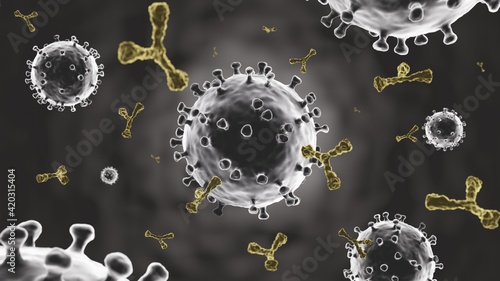 Obraz na plátně Coronavirus and antibody molecule from antiviral vaccine injection