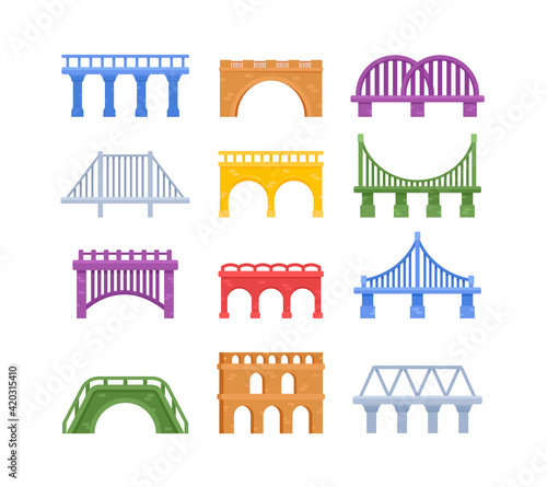 Set of Bridges, Urban Architecture and Construction for Transportation with Carriageway, City Infrastructure Elements