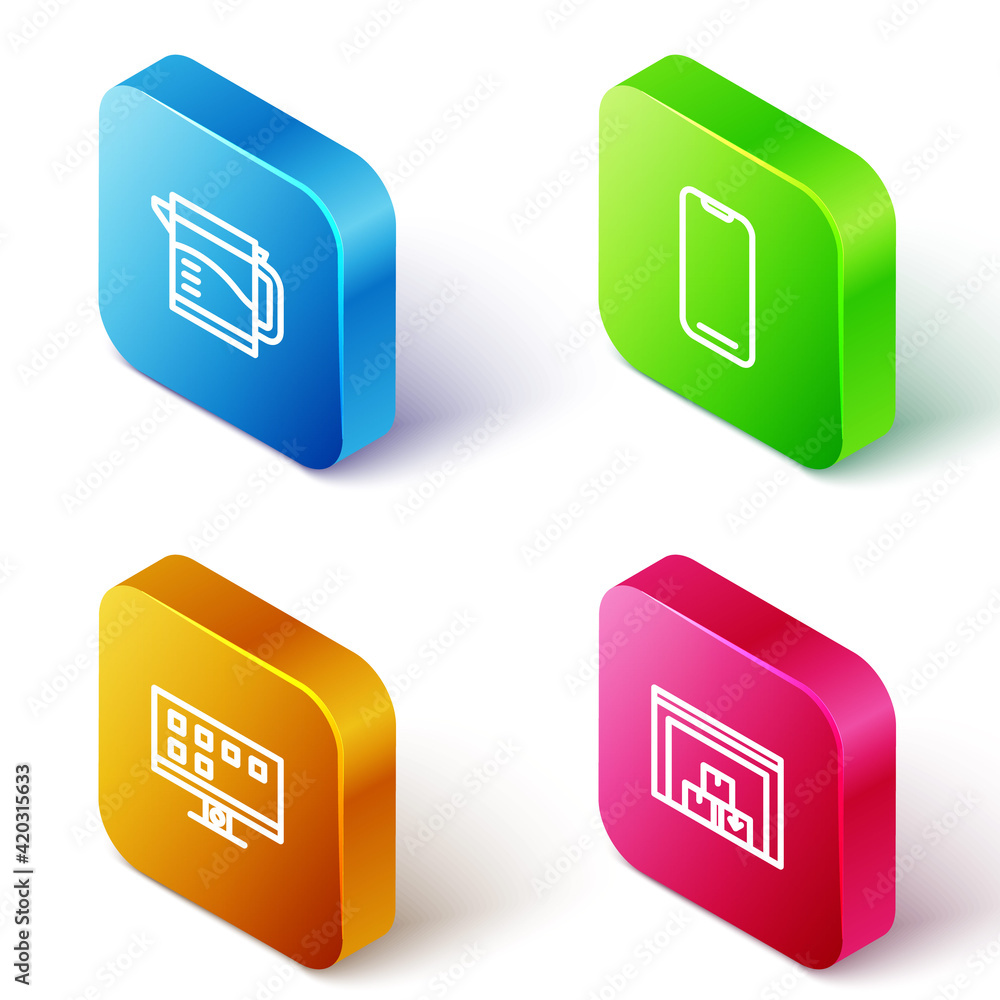Set Isometric line Electric kettle, Smartphone, Tv and Warehouse icon. Vector Set Isometric line Electric kettle, Smartphone, Tv and Warehouse icon. Vector