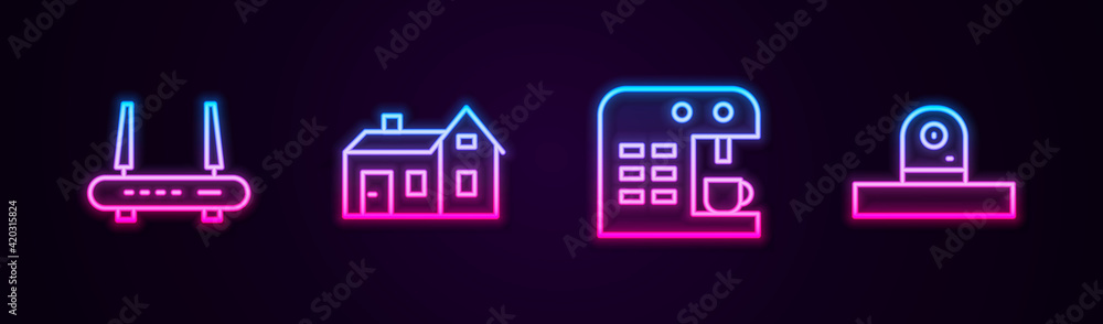Set line Router and wi-fi signal, House, Coffee machine and Security camera. Glowing neon icon. Vector Set line Router and wi-fi signal, House, Coffee machine and Security camera. Glowing neon icon. Vector