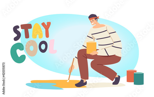 Street Artist Character Painting on Asphalt. Painter Holding Brush and Bucket with Paint Create Artwork, Outdoor Hobby