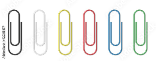 Realistic paper clip set. Colorful paperclips on white background isolated templates photo