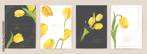 Mother day floral spring postcard. Greeting realistic tulip flowers template, modern flower background