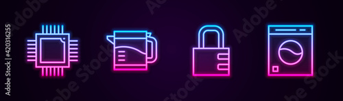 Set line Processor with microcircuits CPU, Electric kettle, Safe combination lock and Washer. Glowing neon icon. Vector