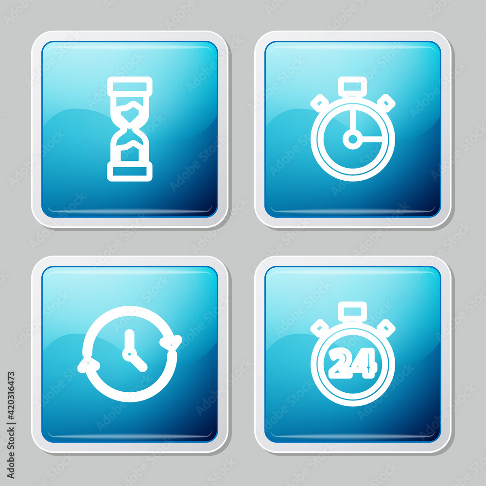 Set line Old hourglass, Stopwatch, Clock and 24 hours icon. Vector Set line Old hourglass, Stopwatch, Clock and 24 hours icon. Vector