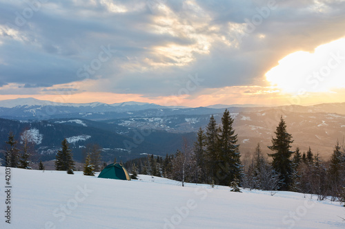 camping in the winter mountains