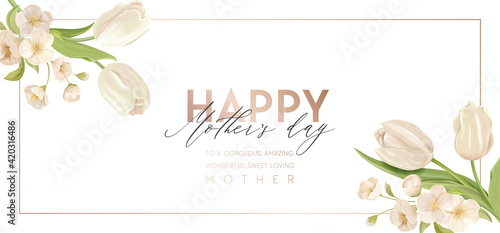 Mother day modern banner. Spring holiday floral vector sale illustration design. Realistic tulip and cherry flowers