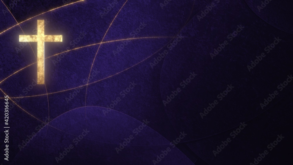 Golden Christian Cross on liturgic violet purple copy space banner