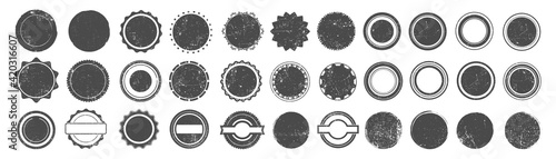 Round grunge stamps, badges and banners set, isolated on white background. Vector illustration.