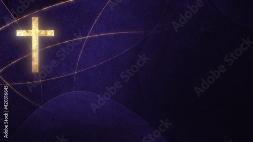 Golden Christian Cross on liturgic violet purple copy space banner background. 3D illustration concept for online worship church sermon in Advent and Lent symbolizing penance sacrifice and mourning