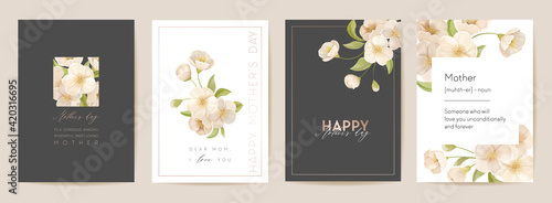 Modern Mother day holiday card. Mom and child postcard. Spring floral vector illustration