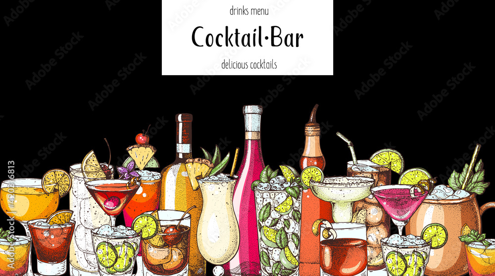 Alcoholic cocktail. Hand drawn vector illustration. Hand drawn drinks illustration. Cocktails set. Menu design elements. - obrazy, fototapety, plakaty 