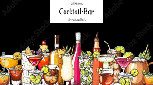 Alcoholic cocktail. Hand drawn vector illustration. Hand drawn drinks illustration. Cocktails set. Menu design elements.