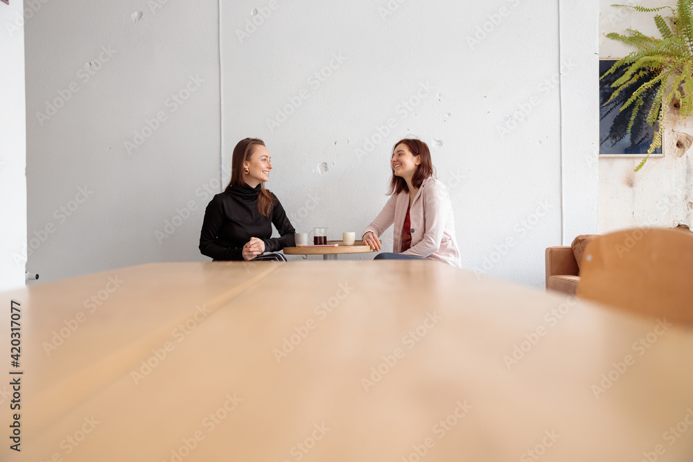 Young happy beautiful caucasian woman in cozy modern cafe
