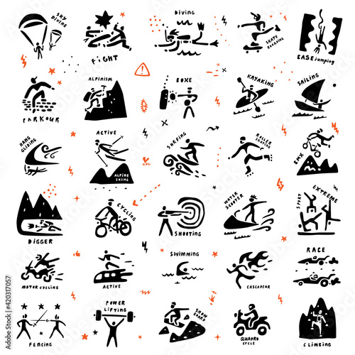 Extreme sports icon set , vector doodle collection
