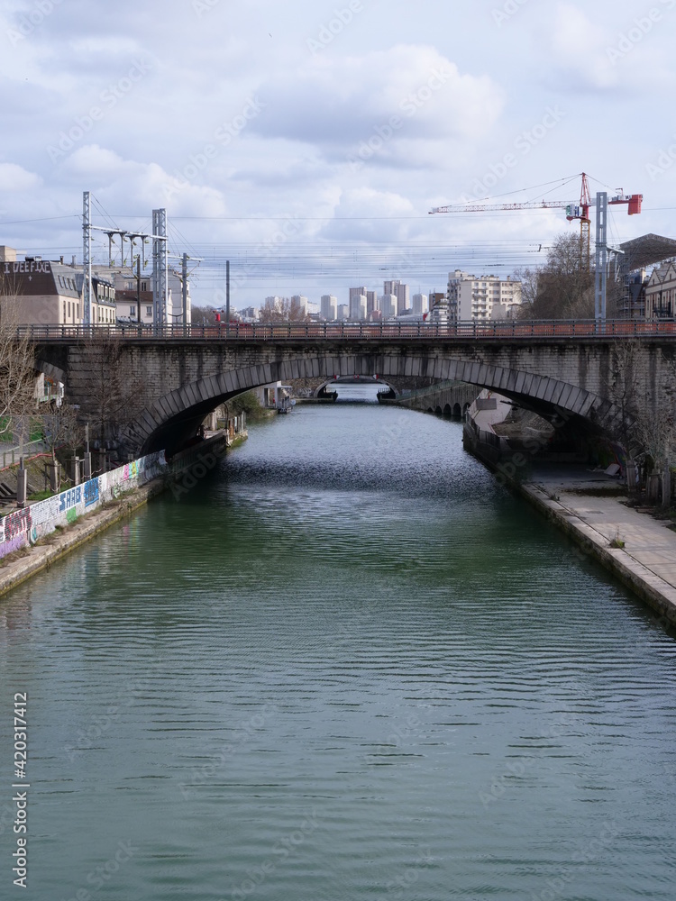 The Ourcq channel in the west of Paris. 14th march 2021.