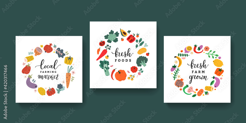 Vegetable frames collection with lettering, veggies illustrations ...