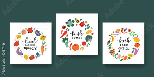 Vegetable frames collection with lettering, veggies illustrations arranged in circle, poster or card for farmers market or organic food shop, templates with copy space, vector wreaths