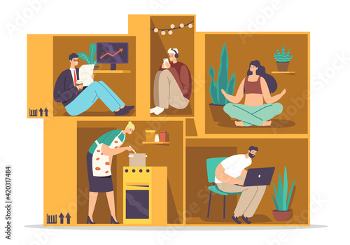 Isolation or Introversion Concept. Male Female Characters inside of Tiny Cramped Room. People in Small Box Businessman