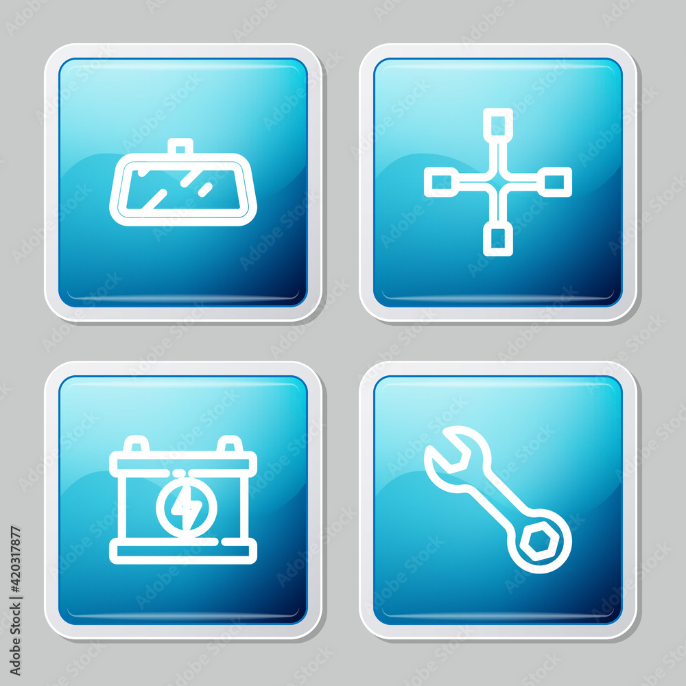 Set line Car mirror, Wheel wrench, battery and Wrench spanner icon. Vector Set line Car mirror, Wheel wrench, battery and Wrench spanner icon. Vector