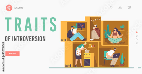Isolation or Introversion Landing Page Template. Introvert Characters inside of Tiny Cramped Room. People in Small Box
